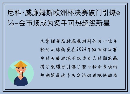 尼科·威廉姆斯欧洲杯决赛破门引爆转会市场成为炙手可热超级新星